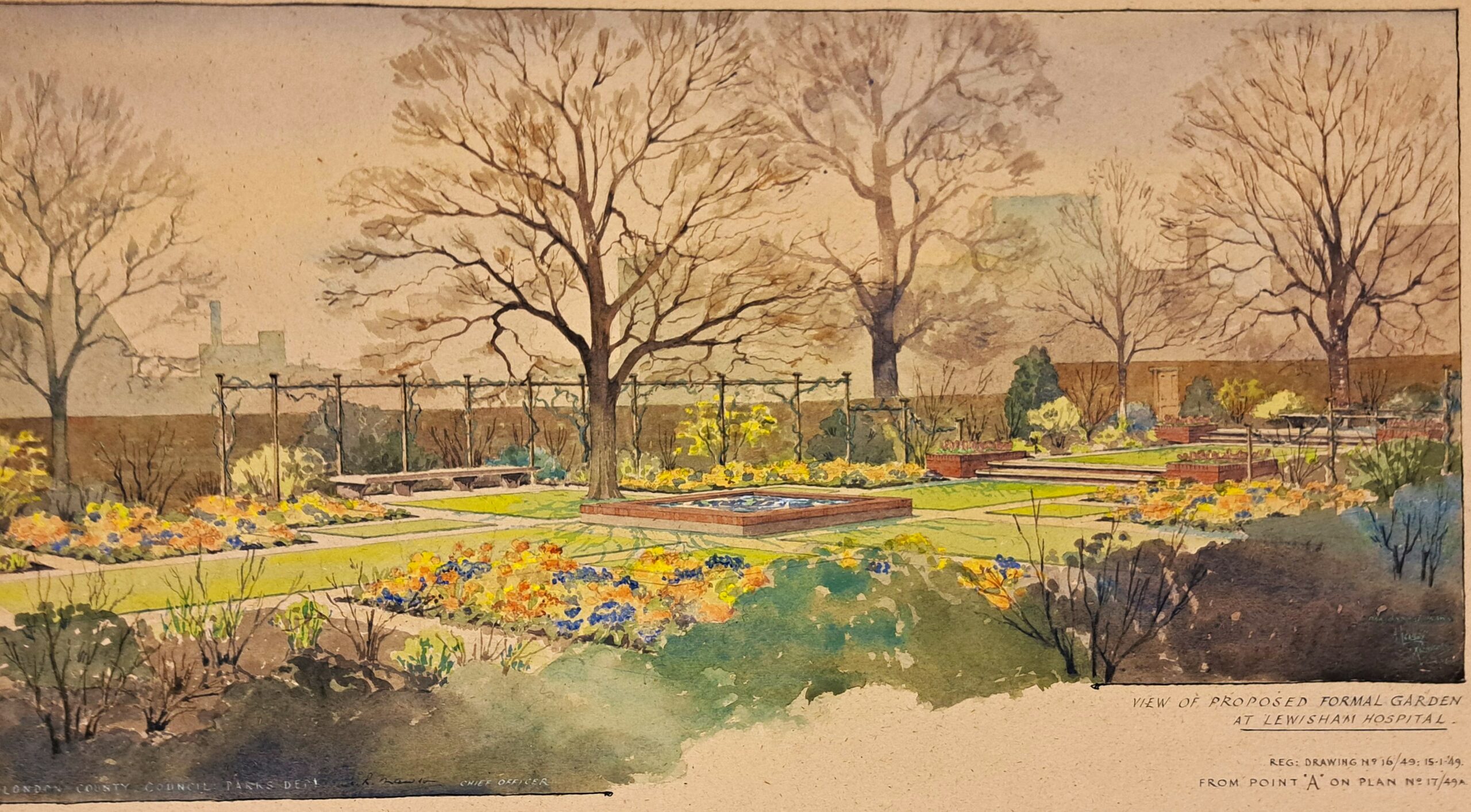 A. Hedley Richmond's drawing of a proposed garden and Lewisham Hospital