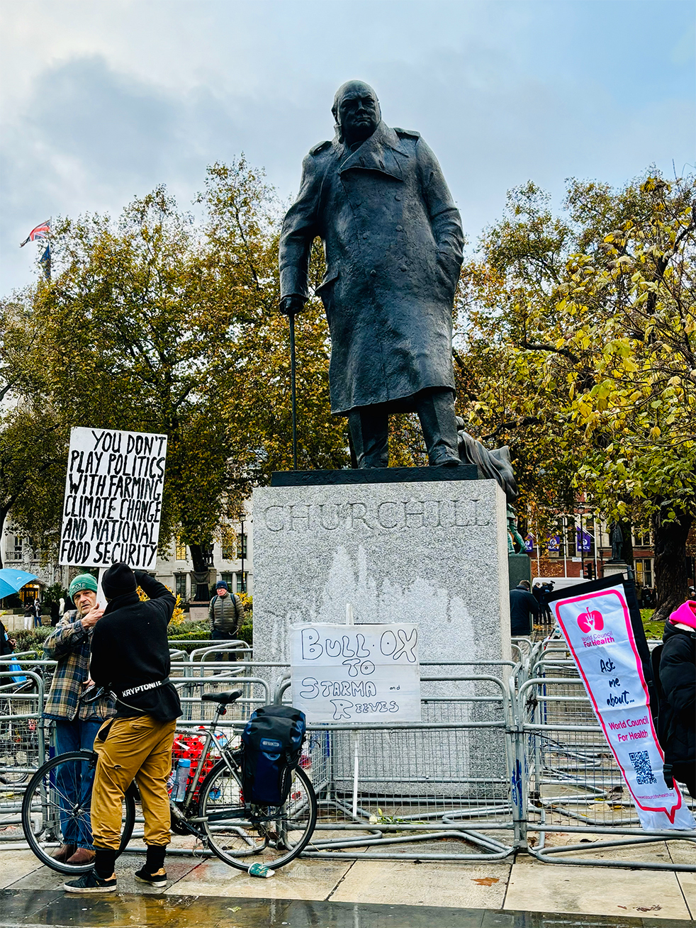 Farmers at a London protest in November 2024. One sign says 'Bull-ox to Starmer'.