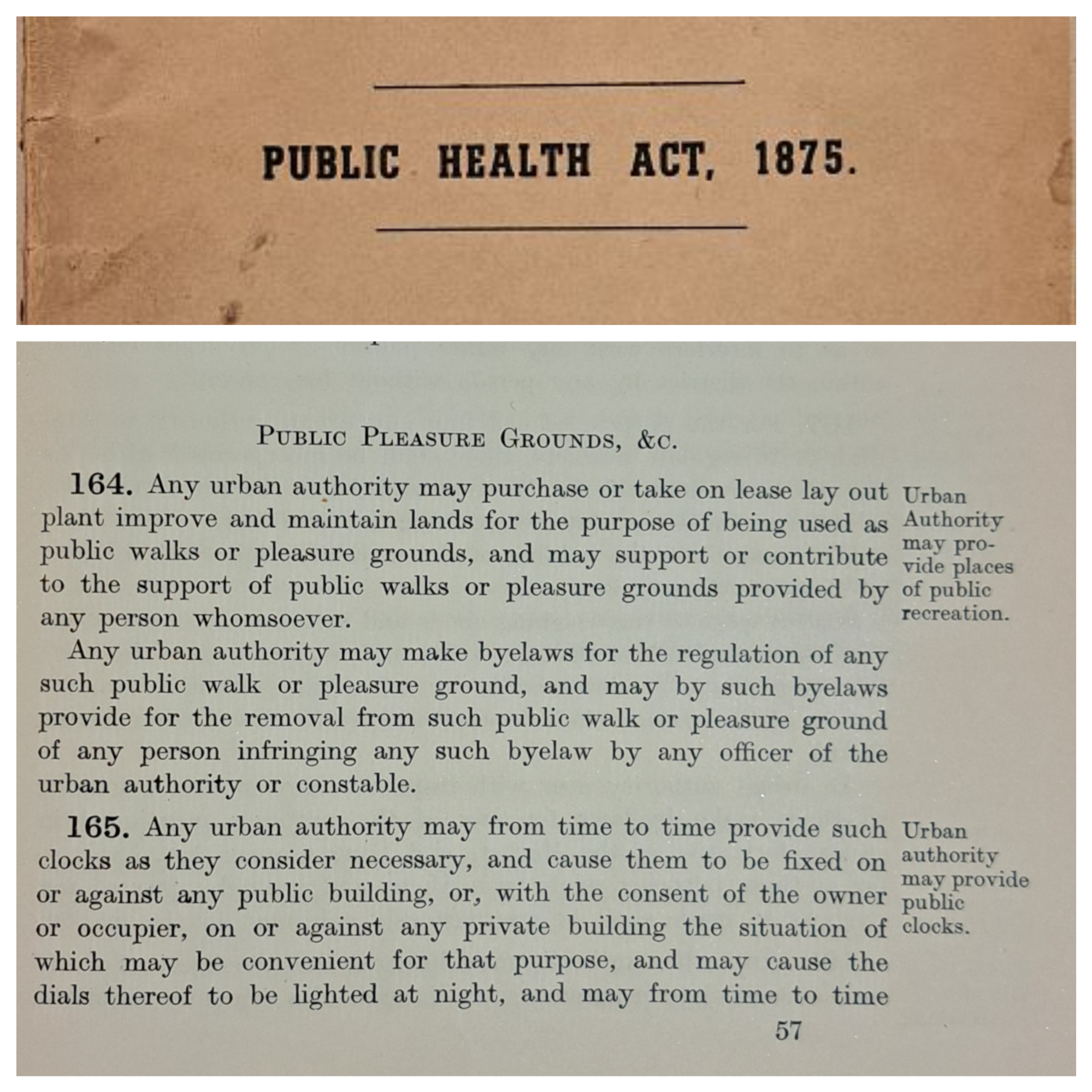 Title page of the Public Health Act 1875, with articles that relate to ‘Public Pleasure Grounds’.