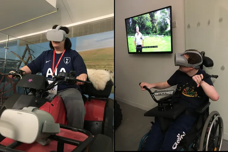 Two young people use our VR quad bike, via VR headset.