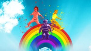 Children happily jumping over a rainbow with a blue sky and stars in the background