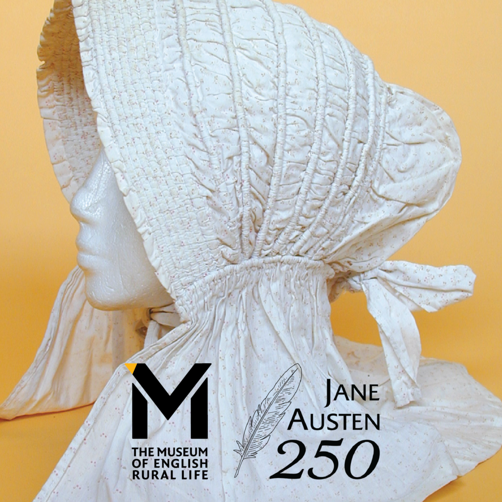 A bonnet from our object collection, with logos of The MERL logo and 'Jane Austen 250'