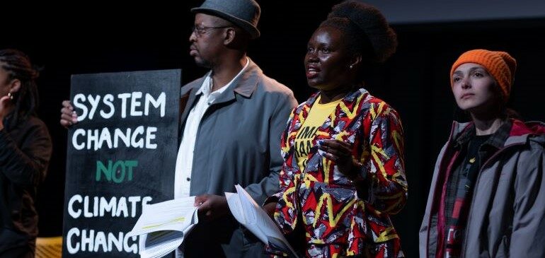 3 people in a performance of the Are We There Yet production